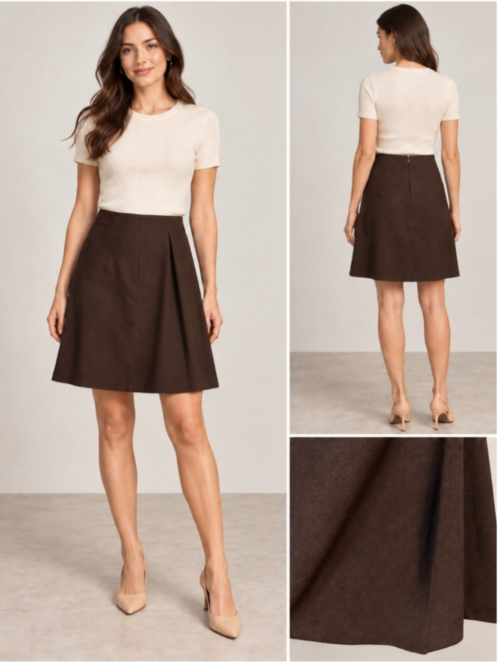 Unbranded A-Line Chocolate Brown Wool Feel Skirt Size Pleated Detail Size XS